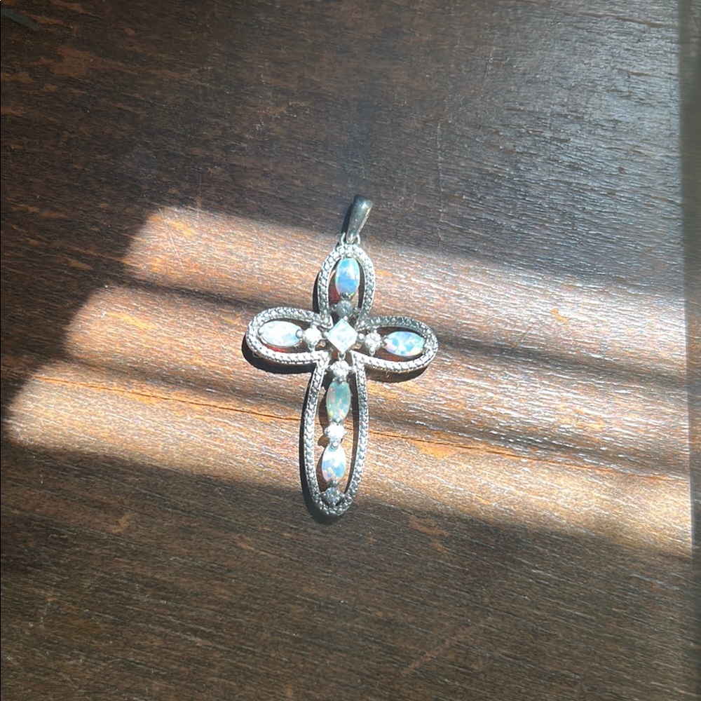 Elegant Silver Opal Cross Pendant
